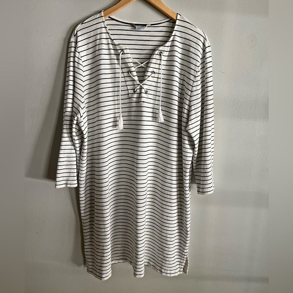 Boden Nautical Stripe Cotton Shift Dress Lace Up Tassel Size 18